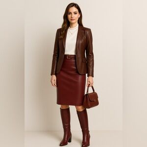 Brown Leather Blazer and Skirt Set